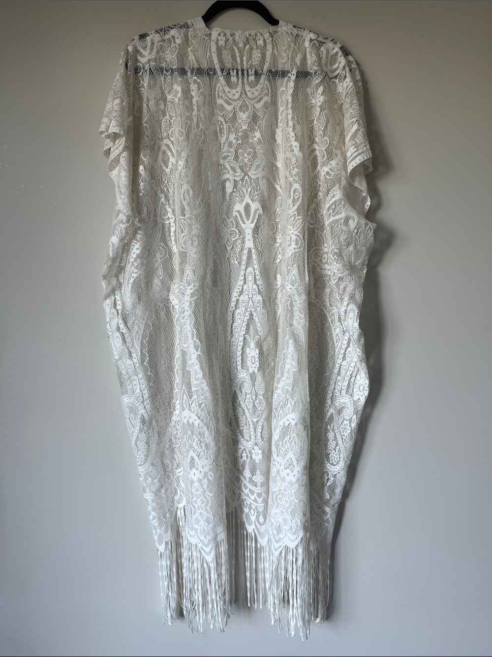 Ivory Sheer Floral Lace Fringe Kimono Duster Beach Cover-Up Onesize - Picture 3 of 8